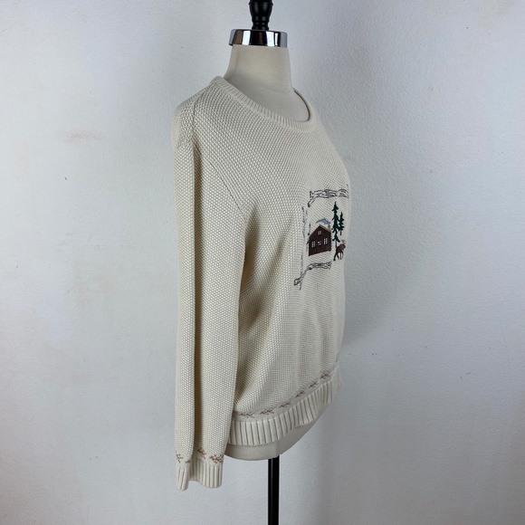 Cabela’s Women’s Size L Cream Perl Knit Embroidered Sweater Pullover Log Cabin - Picture 7 of 8
